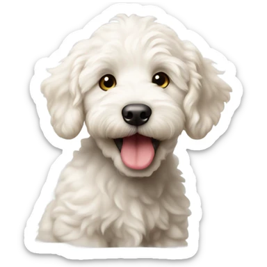 Playful white labradoodle puppy sticking its tongue out  sticker