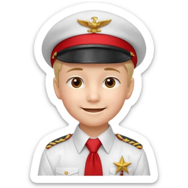 A Soviet pioneer emoji — smiling young boy wearing a white shirt with a bright red pioneer necktie and a classic red pilotka cap. The pilotka should look like a Soviet military cap, not a cowboy hat. Flat, smooth 3D shading sticker