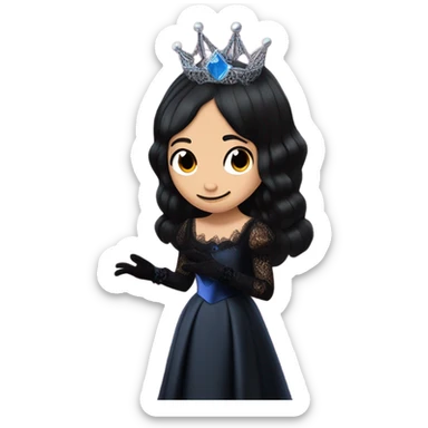 relaxed low-cut back silky black evening ball gown with lace gloves, Jenna Ortega as Wednesday Addams wearing a mini diamond tiara showing off blood blue cute horned old dragon hand-puppet sticker