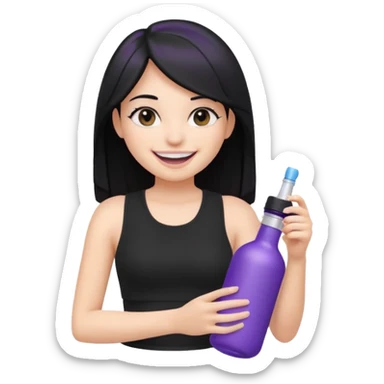 apple style emoji of a fair-skinned girl with beautiful black hair, wearing a black crop top, smiling widely with very white teeth, holding a simplified white and purple cylinder bottle, no text or branding sticker