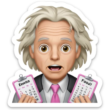 Doc Brown, in Back to the Future, with his hair all over the place and his mouth wide open. No glasses. Wearing a silver dress with black trim, a pink collared shirt and a white tie, holding a calendar.  sticker