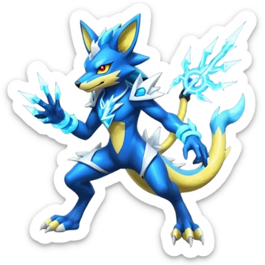Cobalt-Blue Neon-Electric Bright-Glowing Lightning-Veined Zeraora-Luxray-Lucario-cyber-fusion-creature (full body) sticker