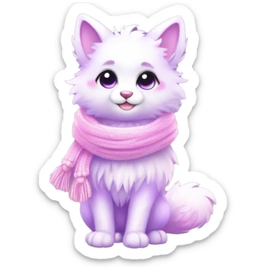 Kawaii cute gorgeous colorful sparkly bright light pastel lilac-pink-white-gradient fantasy ethereal fluffy fursona animal creature with a cute scarf full body sticker