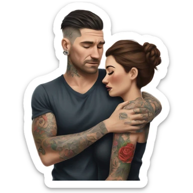 Hyper Realistic Beautiful tattooed woman crying in the arms of a handsome tattooed man  sticker