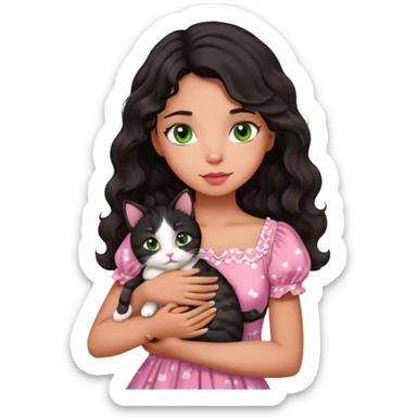 A tanned skin girl with medium length black wavy hair, wearing a pink cute dress, brown eyes, small lips, hugging a white with brown prints cat that has green eyes  sticker