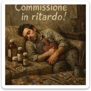 Exhausted artist asleep on a paint-stained sofa, above the Italian text 'Commissione in ritardo!', medicine bottles and hot water bottle as supplies, messy and creative atmosphere, hyperrealism 4K, Italian text. sticker