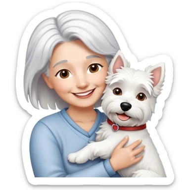 One silver-haired 60-ish lady smiling and hugging single westie dog sticker