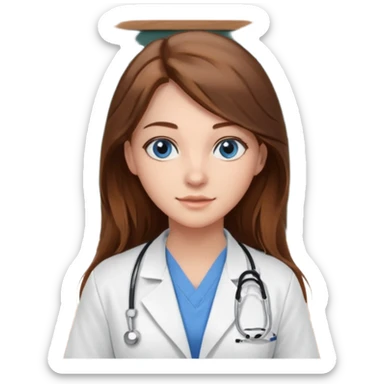 inside a classroom at university that says nursing school on the board with a pretty female nursing student with long brown hair, blue eyes sticker