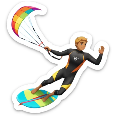 A kite surfer gliding across the ocean, with a colorful kite soaring high in the sky and the surfer carving through the waves. The scene captures the energy and freedom of the sport, with the sun shining and the ocean's waves splashing around. sticker