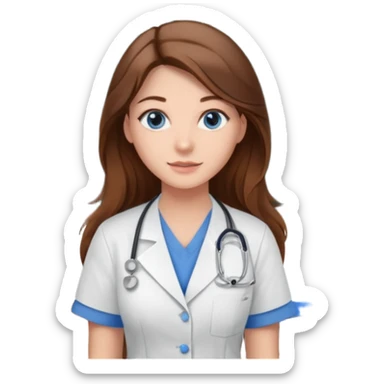 inside a classroom at university that says nursing school on the board with a pretty female nursing student with long brown hair, blue eyes sticker