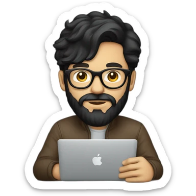 Designer with black hair, beard and glasses working with MacBook and drinking cappuccino  sticker