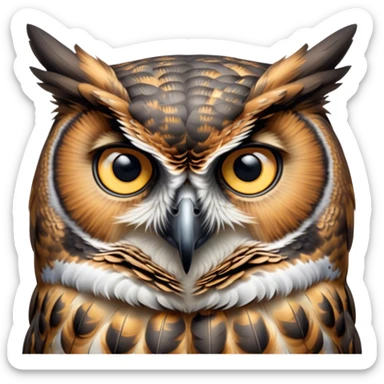 Cinematic Deep Thought Great Horned Owl Portrait Emoji, Head held high with a calm, reflective gaze, showcasing a beautifully mottled plumage and piercing golden eyes that seem to ponder the mysteries of the night, Simplified yet majestically refined features, highly detailed, glowing with a soft, contemplative light, high shine, poised and thoughtful, stylized with an air of profound introspection, capturing the essence of an owl deeply engaged in thought, so thoughtful it feels like it could silently share timeless secrets from beyond the screen! sticker