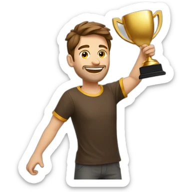the white European man brown hair Celebrating, Raising a gold trophy in your hands, full body sticker