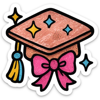 girly graduation cap in black and rose gold, with sparkles and a bow, feminine style, glitter accents sticker