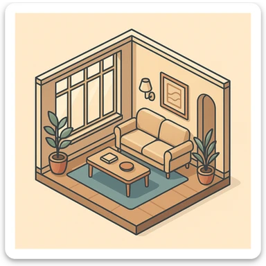 apartment interior isometric, luxury style, large windows, elegant decor sticker