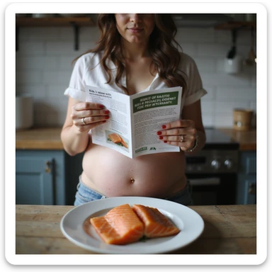 realistic pregnant woman in 4K in a kitchen, reading an informational brochure about the risks of raw fish during pregnancy, with a plate of raw salmon on the table being set aside sticker