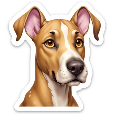 Cinematic Comical Fawn Great Dane Portrait Emoji, Head tilted dramatically with an exaggeratedly amused expression, featuring a sleek fawn Fur, wide, expressive amber eyes filled with playful disbelief, Simplified yet hilariously expressive features, highly detailed, glowing with a slightly sassy glow, high shine, dramatic yet playful, stylized with an air of cheeky mischief, bright and endearing, soft glowing outline, capturing the essence of a spirited and over-the-top guardian, so meme-worthy it feels like it could side-eye its way into internet fame instantly! sticker