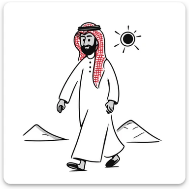 Arab man walking in desert, wearing white thobe and red checkered keffiyeh sticker