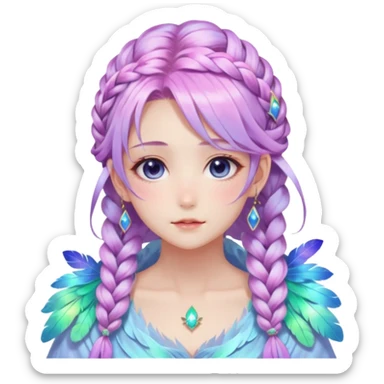 Beautiful gorgeous anime lady with beautiful iridescent-nebula-braided-hair, fashion aesthetic, ethereal, fairycore, pastelcore, feathers sticker