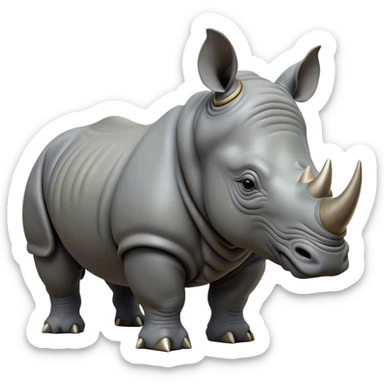 Cinematic Noble Rhinoceros Portrait Emoji, Poised and regal, with a massive, powerful build and a thick, armored hide of slate gray, deep-set soulful piercing eyes, Simplified yet sharp and sophisticated features, highly detailed, glowing with a soft, dignified glow, high shine, intelligent and formidable, stylized with an air of ancient might, focused and attentive, soft glowing outline, capturing the essence of a watchful and commanding behemoth, so majestic it feels as though it could charge out of the screen with effortless authority! sticker