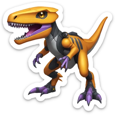 Colorful Edgy Greymon-Velociraptor-Genesect-Fakémon-Pokémon wearing a with a futuristic helmet And suit Full Body sticker