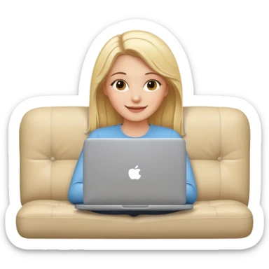 A white girl is lying on a sofa with a laptop sticker