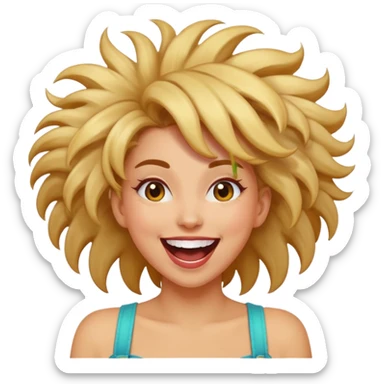 Funny, fast-talking, a little unpredictable. Life of the party vibes. woman with crazy hair
more dinamic emoji  sticker