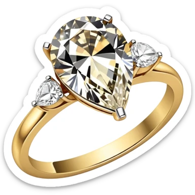 An engagement ring with a gold band with small round diamonds, and the diamond being a pear cut sticker