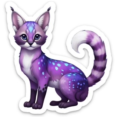 Colorful black-violet-indigo-purple-gradients nebulae nebula starry galactical shiny white-stars-spotted glorious iridescent divine exotic cute cool beautiful realistic caracal-civet-genet-sergal-vernid-Cacomistle-Trico-oncilla-animal-Fakémon-hybrid-fursona (full body) sticker