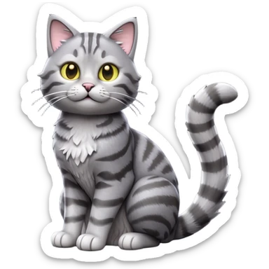 cinematic-[grey tabby cat]-realistic-full-body-sitting-emoji,-tail-curled-playfully-around-its-paws,-head-tilted-dramatically,-scruffy-[grey]-fur,-simplified-yet-realistic-focused-features,-highly-detailed,-glowing-with-an-almost-sarcastic-glow sticker