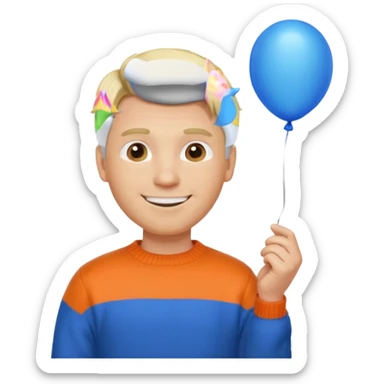 white skin, blonde hair man, orange sweater, hold blue balloon sticker