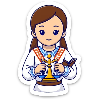 Ukrainian girl with brown hair wearing a traditional embroidered vyshyvanka shirt, holding scales of justice in her hand sticker