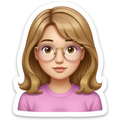 young adult woman with light skin, round face, prominent cheeks, medium plump body, long light brown hair with golden highlights, voluminous and wavy, long bangs over eyebrows, large octagonal glasses with thin golden or light pink frame, casual dark shirt sticker