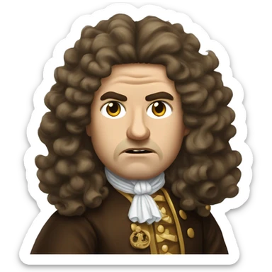 "An emoji of Louis XIV with long curly hair and royal attire, looking angry. He has furrowed brows, narrowed eyes, and a tense frown, showing his royal frustration." sticker