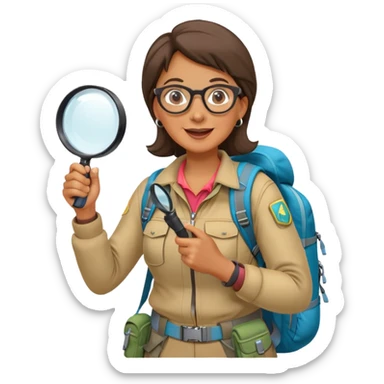Middle-aged woman explorer with glasses in bright hiking gear and backpack, excitedly holding magnifying glass sticker