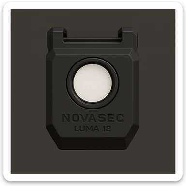 3D-rendered orthographic front view of the NOVASEC LUMA 12 underbarrel firearm attachment: compact, single-piece black matte module, elongated rectangular shape with beveled edges, centered flush-mounted circular white LED flashlight, minimal tactical design, subtle NOVASEC branding, dark neutral background, soft lighting, no perspective or tilt, technical reference style sticker