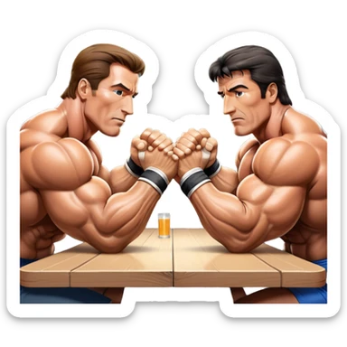Arnold Schwarzenegger VS Sylvester Stallone from 'Over the Top,' locked in an arm wrestling battle, using only their right hands. Their left hands rest on the table. Both display immense strength, with muscular arms flexing, under bright competition lights. Transparent background. sticker
