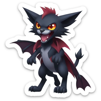   cool edgy beautiful fantasy anime-style dark animal vampiric Litten-Zoroark-cat-hybrid Fakemon with big fangs and bat-ears full body sticker