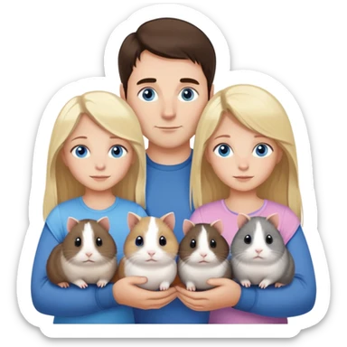 Family portrait with father with dark brown hair and blue eyes, mother with light brown hair and blue eyes, three blonde little girls with blue eyes, plus a grey cat and two guinea pigs sticker