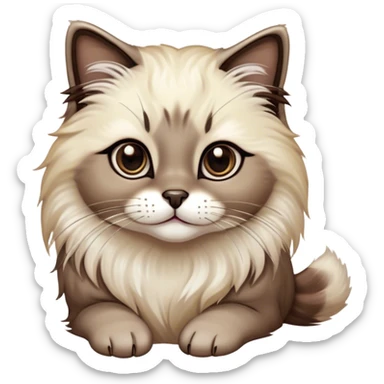 Cinematic Adorable Fluffy Brown Seal Ragdoll Cat Portrait Emoji, Head tilted elegantly with big, sparkling eyes, soft brown fur with darker seal points on the ears, face, and paws, Simplified yet regal features, highly detailed, glowing with a soft, warm glow, high shine, affectionate and playful, stylized with a touch of grace, bright and endearing, soft glowing outline, capturing the essence of a majestic and loving kitty, so elegant it feels like it could spring into motion with a regal leap! sticker