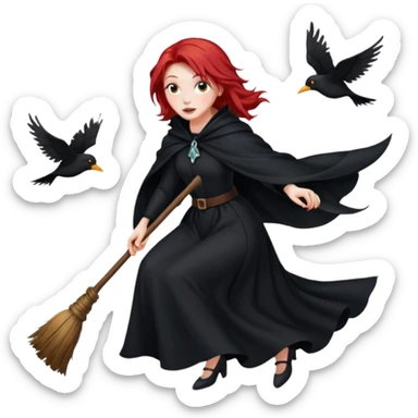 witch with red hair flying , on the background - full moon and black birds, должна лететь на метле sticker