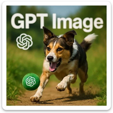 logo of chat gpt with text "GPT Image" on the background of a dog chasing ball, realistic image sticker