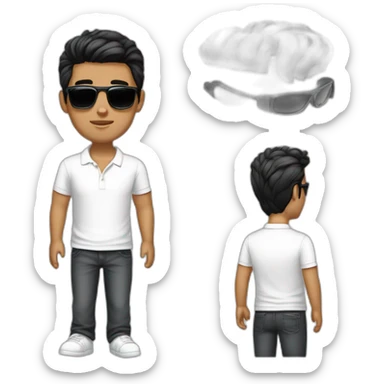 A young man,  who looks like bisnessman, wears white polo t-shirt and luxury watches. Black hair, white skin. Wears raybans. create few exemples  sticker