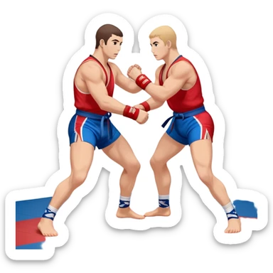 Two Sambo fighters in blue and red kimonos, with shorts and wrestling shoes, performing grappling and throwing techniques. The background shows a wrestling mat and an intense, focused atmosphere. Transparent background highlights the fluidity and skill of the sport without strikes. sticker
