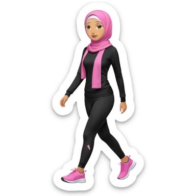 tan skin, hijabi young women in pink hijab, going for walk in black active wear clothing full body, walking  sticker