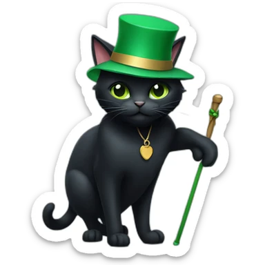 A black cat with a green hat and a staff sticker