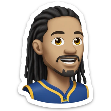 very light skin with freckles guy almost pale with 2 strand black dreads yelling with a steph curry jersey on with dread that are long to his shoulders and a black long sleeve shirt under. goatee and mustache. no beard or side urns sticker
