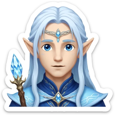 Legendary fantasy Christmas elf portrait icon, Santa Claus and Snow Maiden inspired, ancient winter spirit style, long flowing white-blue hair, glowing frost eyes, crystal staff, elegant elven features, divine winter magic aura, icy silver color palette, highly detailed but clean emoji icon male sticker