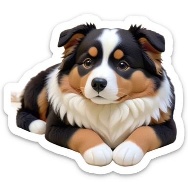 Cinematic Chubby Sleeping Tri-Color Australian Shepherd Portrait Emoji, Chubby and serene, with a round, adorable build and a plush tri-color coat of black, white, and tan, eyes gently closed in peaceful slumber, Simplified yet irresistibly endearing features, highly detailed, glowing with a gentle, dreamy glow, high shine, relaxed and content, stylized with a touch of whimsy, bright and heartwarming, soft glowing outline, capturing the essence of a blissfully sleepy herder, so comically serene it feels like it could roll out of the screen and snore with adorable charm! sticker