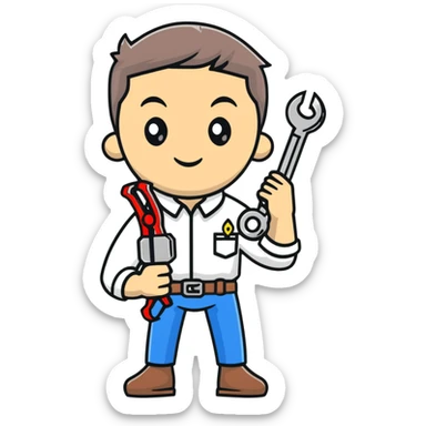 Ukrainian man in white embroidered traditional shirt holding a wrench in one hand and scissors in other hand sticker